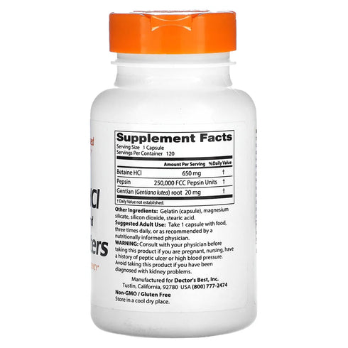 Image of Betaine HCI Pepsin & Gentian Bitters 120caps supplement facts